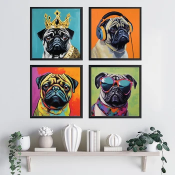 Pug Zvierat Sada 4 Rap, Pes, Pet Portrét Tlač Wall Art Plátne, Plagát, Obraz, Maľba Na Obývacia Izba Domov Dekoratívne Cuadros