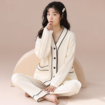 Nová Jar, Jeseň Dámy Japonský Bavlna Pajama Sady Sexy oblečenie pre voľný čas Žien Bežné Luxusné Pyžamo Tenké Pyžamo Žena Sleepwear